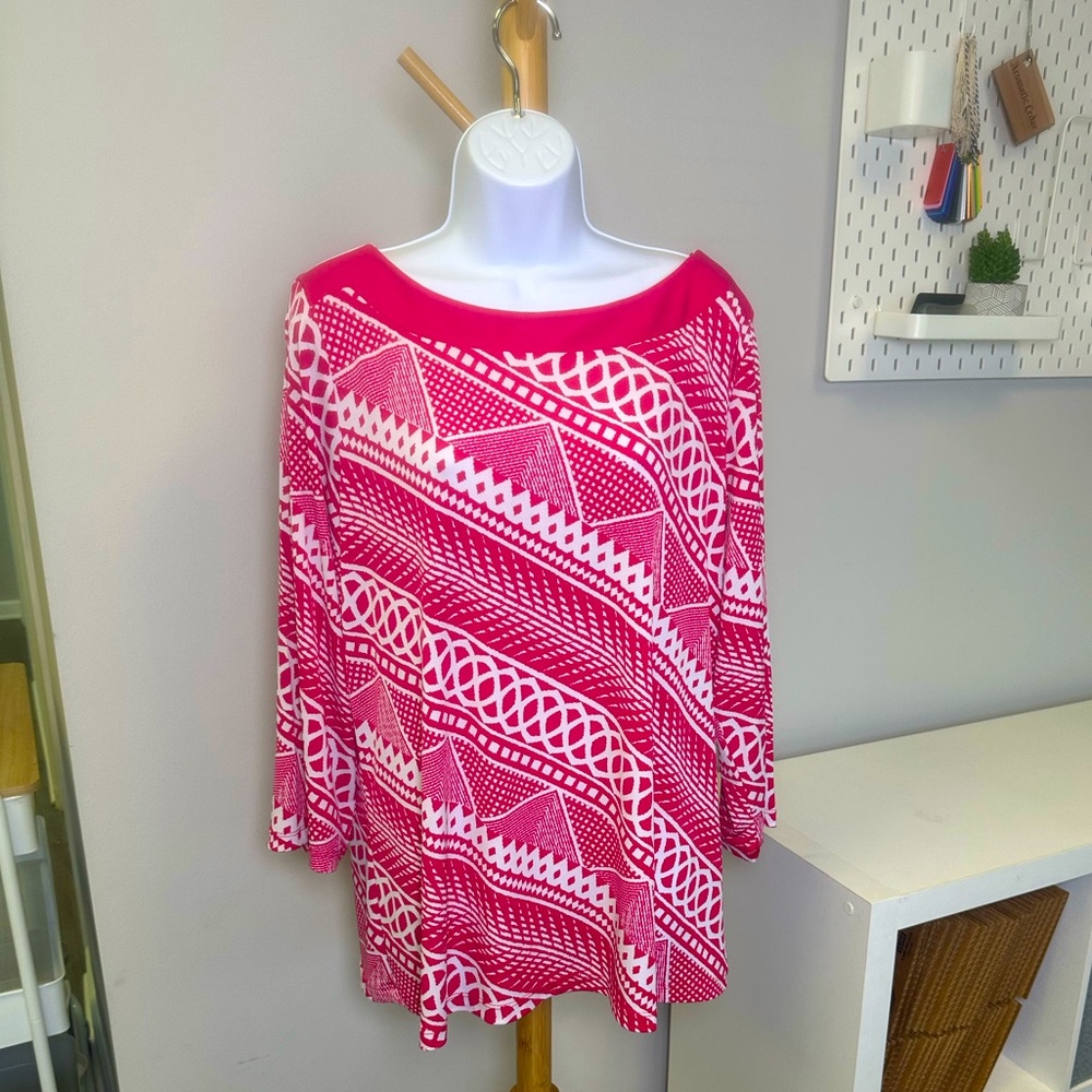 Susan Graver Red and White Geometric Patterned Top Size XL